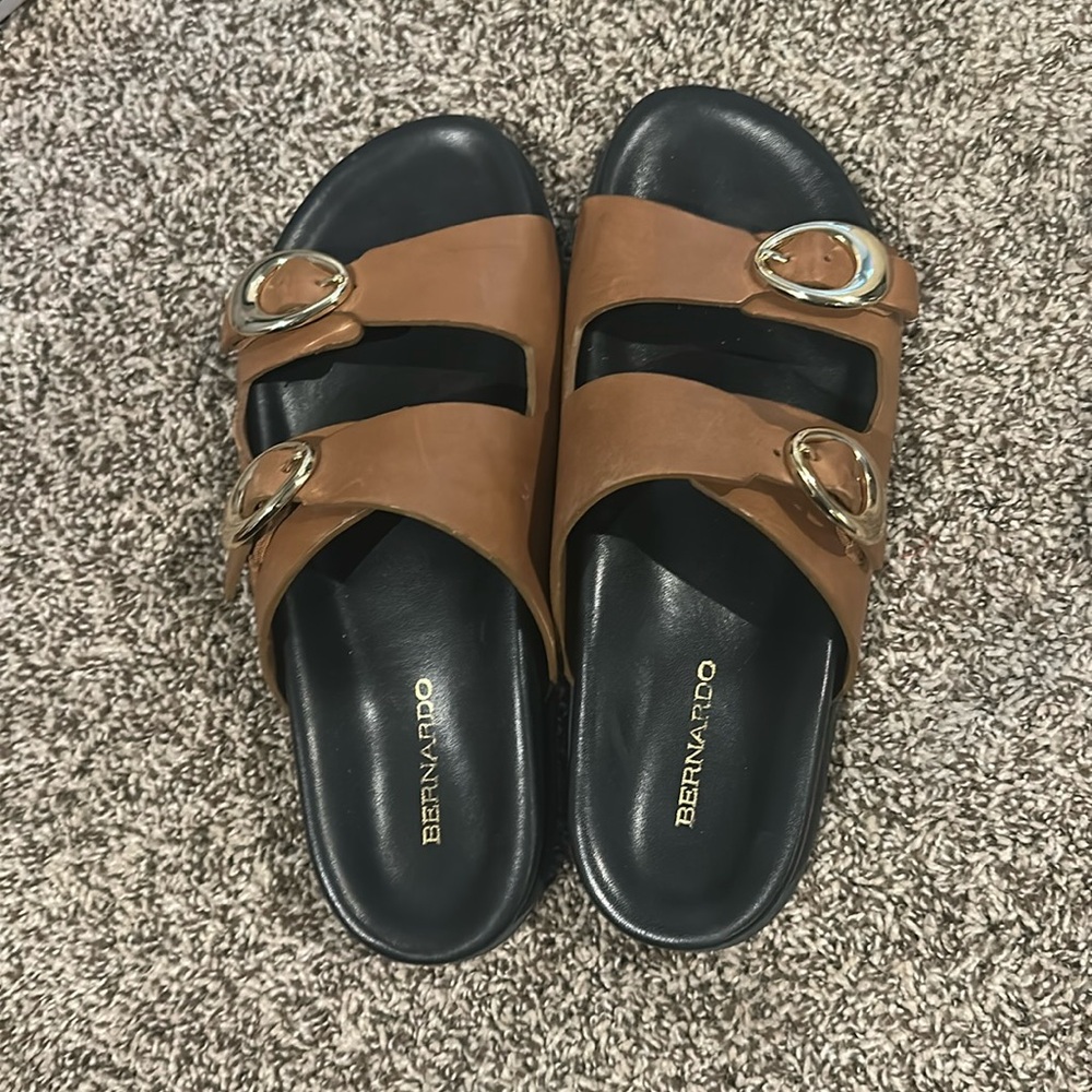 Stylish Black and Brown Sandals with Gold Accents - NEW